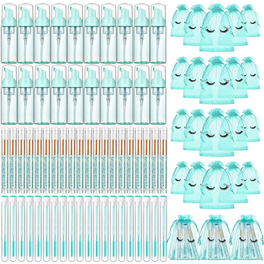 Zhehao 80 Pcs Lash Shampoo Bottle Brushes Kit 20 Foam Pump Dispensers 20 Lash Shampoo Brushes 20 Eyelash Aftercare Bag 20 Cleaning Pipes, Eyelash Extension Supplies(Green, Blue)-GlimoraGlow