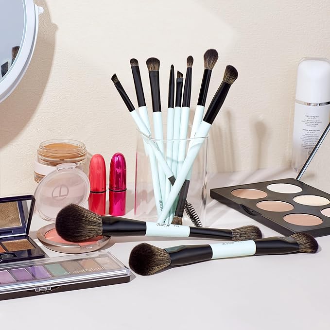 Jessup Makeup Brushes Set 10pcs, Double Sided Foundation Contour Blush Highlight Blending Eyebrow Brush Eyeshadow Eyeliner Concealer Brush, Bright Cyan Cruelty Free Cosmetic Tools T500-GlimoraGlow