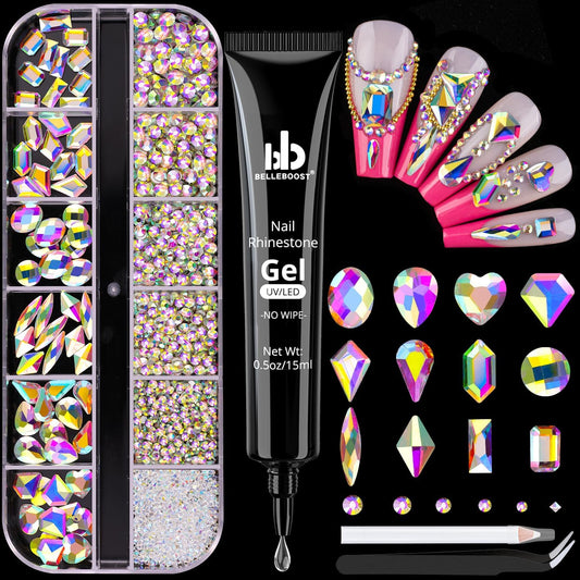 2060Pcs AB Glass Nail Rhinestones 60Pcs Multi Shapes Flatback Nail Gems + 2000Pcs 1.5-4mm Round Crystal with Rhinestones Glue Gel, Manicure Nail Charms Diamond Gemstones for Nail Art-GlimoraGlow