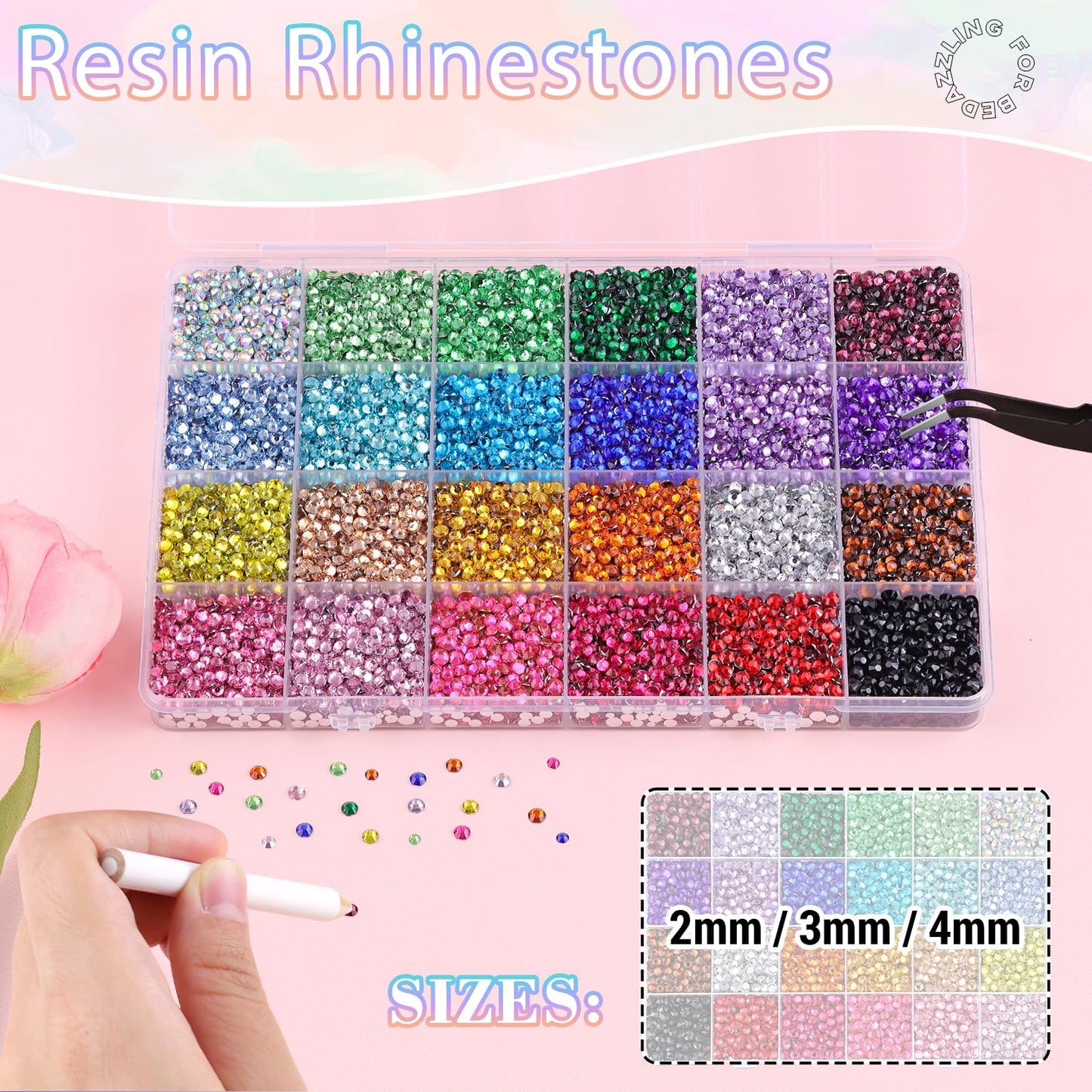 22000Pcs Resin Rhinestones for Bedazzling with 3Pcs B7000 Jewelry Glue, Multicolor 2/3/4mm Flatback Gems Rhinestones for Crafting, Clothing Tumblers Mugs Shoes Fabric Decor Nail Art-GlimoraGlow