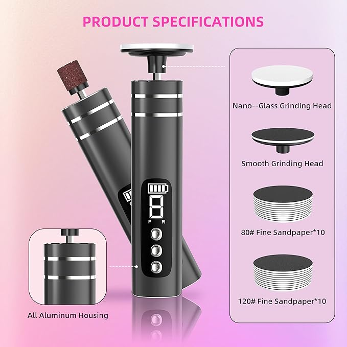 2 in 1 Electric Foot Callus Remover,9 Adjustable Speeds Rechargeable Electric Dead Skin Sander Pedicure Tools with Sandpaper Disk and Nail Drill Bits,Grinding Heads for Women&Men-GlimoraGlow