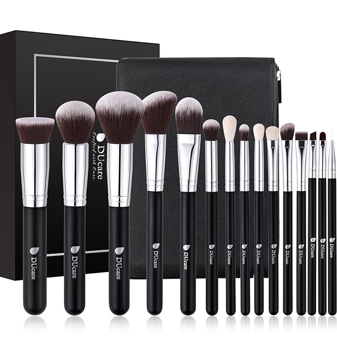 DUcare Makeup Brushes with Bag,15Pcs Makeup Brush Set Christmas Gift Travel Kabuki Foundation Blending Blush Eyeliner Shadow Brow Concealer Brushes Kit Black-GlimoraGlow