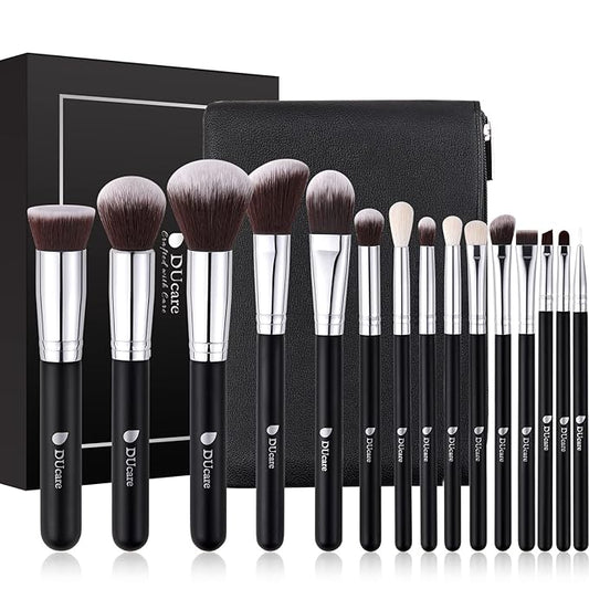 DUcare Makeup Brushes with Bag,15Pcs Makeup Brush Set Christmas Gift Travel Kabuki Foundation Blending Blush Eyeliner Shadow Brow Concealer Brushes Kit Black-GlimoraGlow