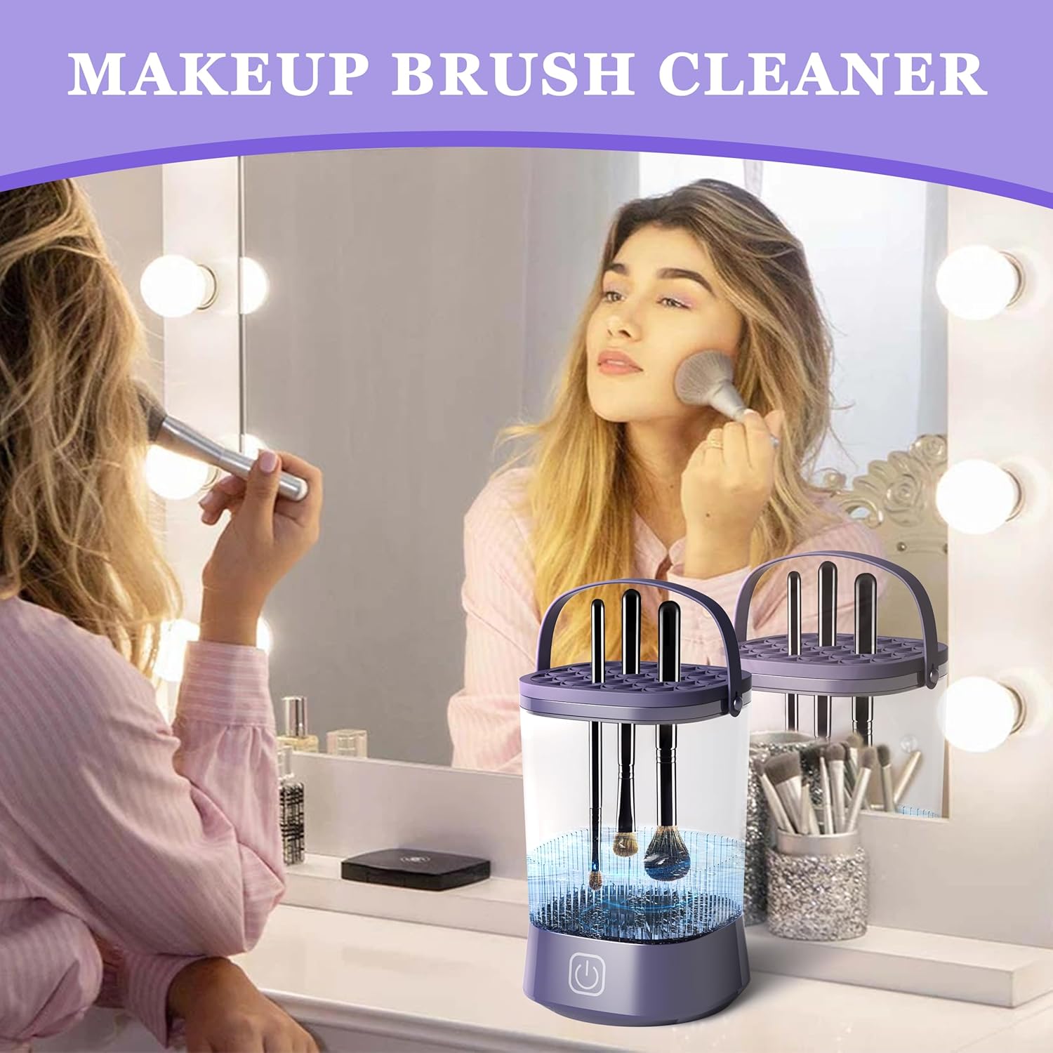Electric Makeup Brush Cleaner Machine, Automatic Spinning Make up Brush Cleaner with 1200 mAh Rechargeable Battery, Portable Cosmetic Brush Cleaner Dryer Tool for All Size Makeup Brush (Purple)-GlimoraGlow