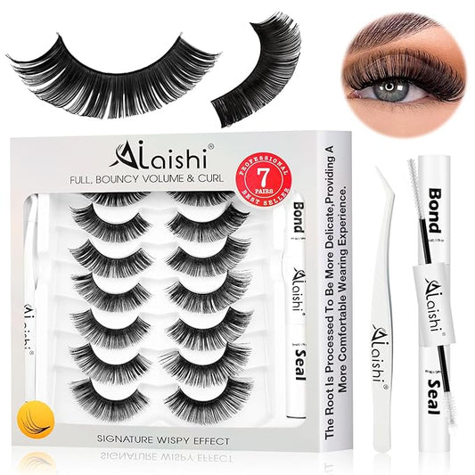 Fluffy False Eyelashes Kit With Bond, Seal and Tweezer, 7 Pairs Natural Look Fake Cat Eye Lashes Strips Thin Band Extensions Waterproof Easy Eyelashes for Beginners DF100-GlimoraGlow
