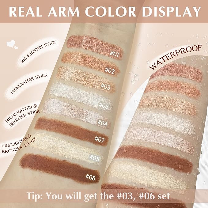 2 Pcs Cream Contour Stick Makeup Kit, Cream Highlighter Stick & Contour Bronzer Stick for Cheeks, Lightweight Blendable Smooth -Highlighter (#03 Champagne Gold #06 Silver)-GlimoraGlow