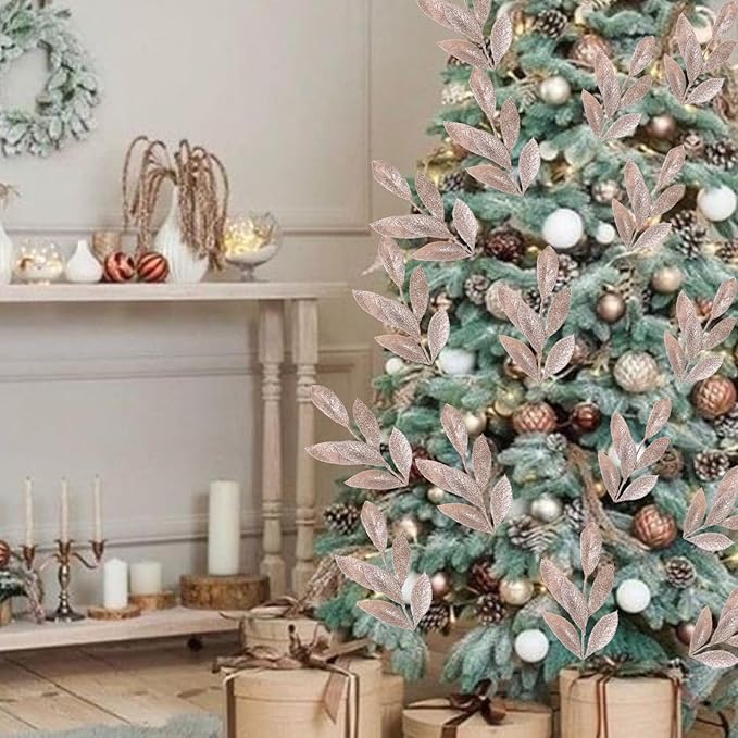 GREENTIME 12 Pack Artificial Champ Glitter Leaves 13" Fake Christmas Picks Decorative Glitter Sticks for Vase Christmas Tree DIY Wreath Crafts Fireplace Decor