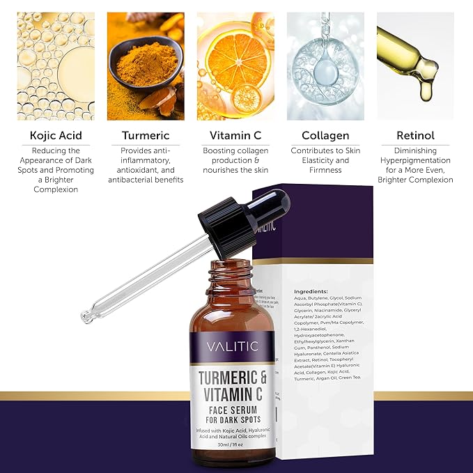 VALITIC Vitamin C Serum - Anti Aging and Dark Spot Remover for Face, Skin Care with Hyaluronic Acid, Collagen, Kojic Acid, Turmeric Oil - Brightening Face Serum 1 fl oz-GlimoraGlow