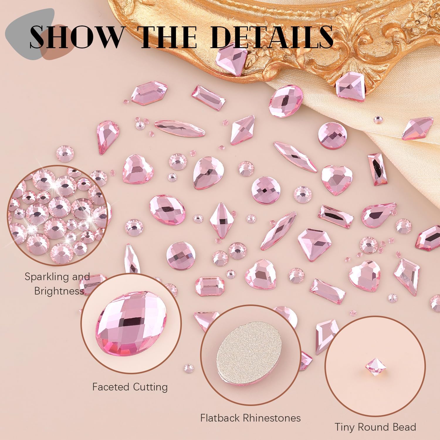 2060Pcs Pink Glass Nail Rhinestones 60Pcs Multi Shapes Flatback Nail Gems + 2000Pcs 1.5-4mm Round Crystal with Rhinestones Glue Gel, Manicure Nail Charms Diamond Gemstones for Nail Art-GlimoraGlow