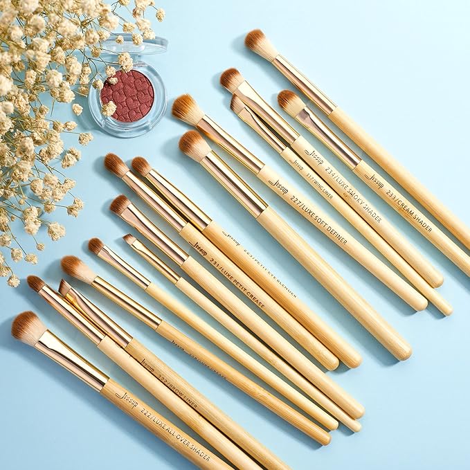 Jessup Eye Makeup Brushes Set, Premium Synthetic Eyeshadow Blending Concealer Eyebrow Eyeliner Brush, 15pcs Labeled Bamboo Make Up Brushes T137-GlimoraGlow