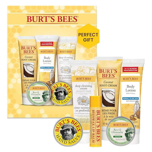 Burt's Bees Back to School Gifts Ideas, 6 College Dorm Products, Timeless Minis Set – Beeswax Lip Balm, Coconut Foot Cream, Milk & Honey Body Lotion, Deep Cleansing Cream, Res-Q Ointment & Hand Salve-GlimoraGlow