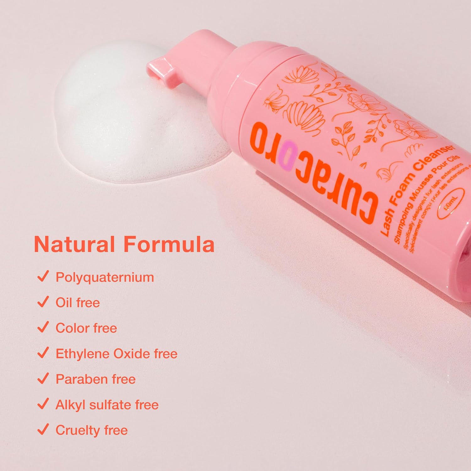 Curacoro 60ML Eyelash Extension Cleanser - Lash Shampoo for Lash Extensions, Eyelash Extension Foam Cleanser for Dry & Sensitive Skin, Gently Removes Waterproof Makeup for Professional & Home Use-GlimoraGlow