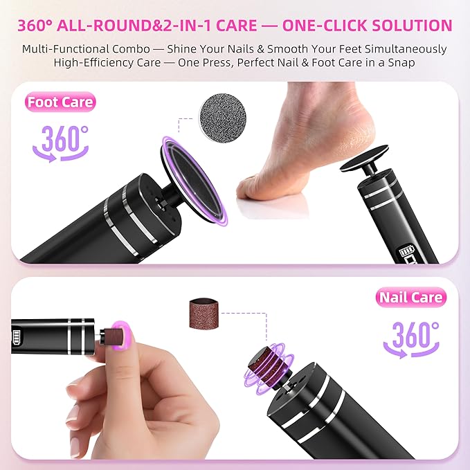 2 in 1 Electric Foot Callus Remover,9 Adjustable Speeds Rechargeable Electric Dead Skin Sander Pedicure Tools with Sandpaper Disk and Nail Drill Bits,Grinding Heads for Women&Men-GlimoraGlow