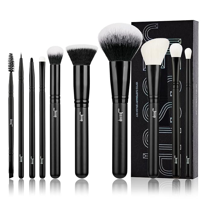 Jessup Makeup Brush Set 10pcs Black Make up Brushes Set Professional with Natural Synthetic Hair for Foundation Blending Blush Concealer Eyeshadow Eyebrow Eyeliner, T323-GlimoraGlow