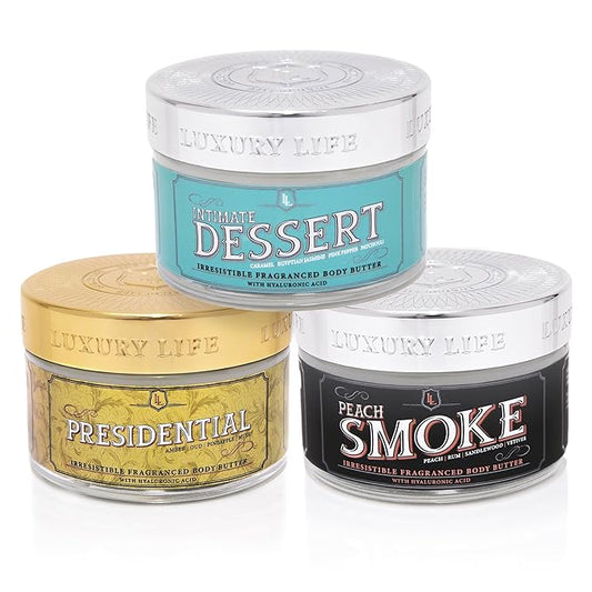 LUXURY LIFE BUTTER - Irresistibly Scented Body Butter with Hyaluronic Acid for Ultimate Moisture. Hydrates for a Non-Greasy Glamorous Glow (Dessert, Presidential and Peach Smoke)-GlimoraGlow