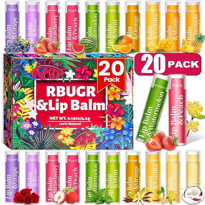 20 Pack Lip Balm, 12 Flavored Natural Lip Balm Bulk Set, Moisturizing Bulk Mini Balm Pack for Dry Cracked Lips,Hydrating for Gifts Party Favors(4.2g/0.15oz)-GlimoraGlow