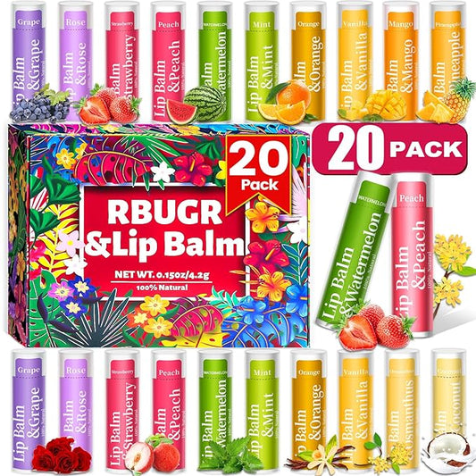 20 Pack Lip Balm, 12 Flavored Natural Lip Balm Bulk Set, Moisturizing Bulk Mini Balm Pack for Dry Cracked Lips,Hydrating for Gifts Party Favors(4.2g/0.15oz)-GlimoraGlow