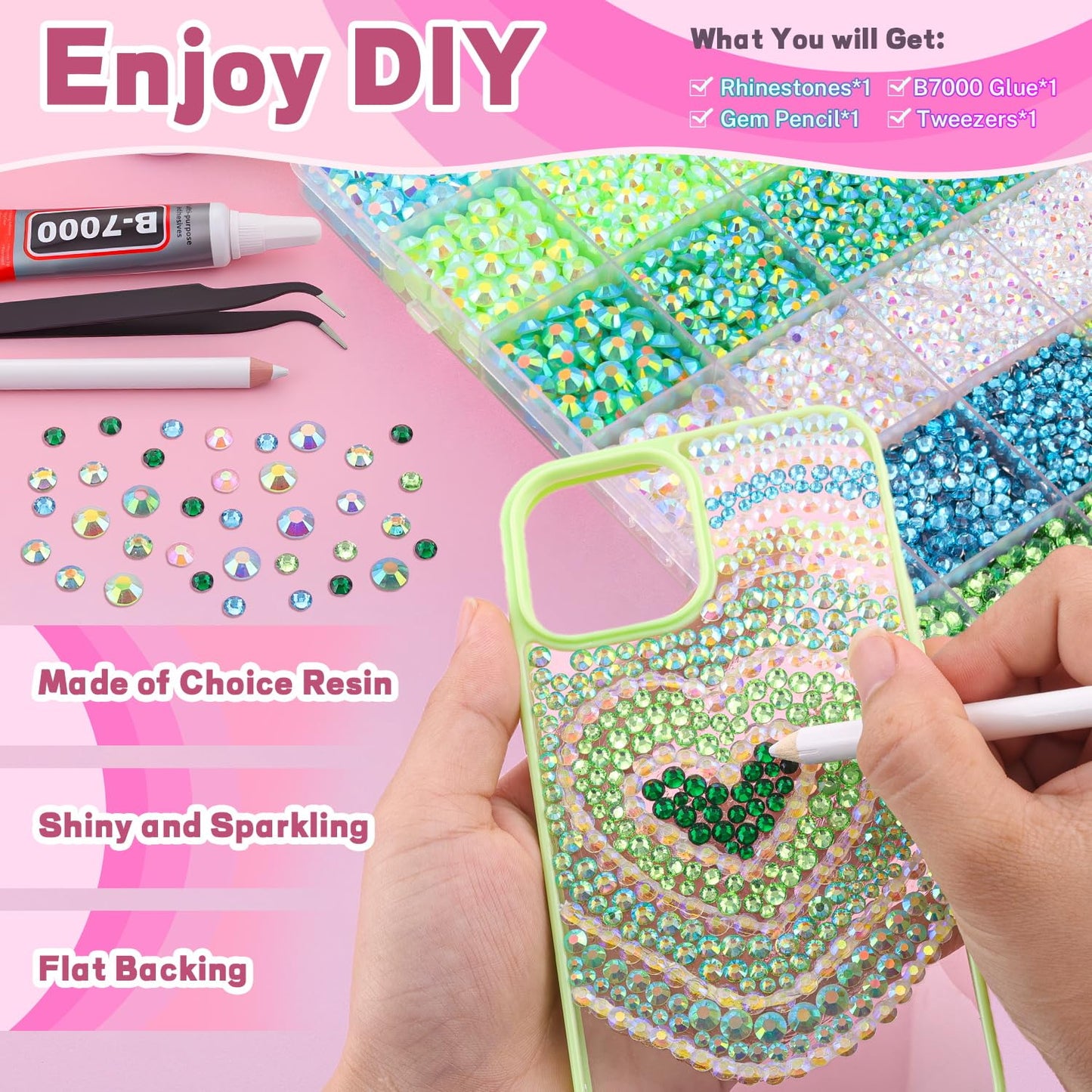 20000Pcs Green Rhinestones for Bedazzling with 1Pcs B7000 Jewelry Glue, Resin Rhinestones for Crafting Crafts DIY, Bedazzler Kit Gems for Clothing Shoes Tumblers Nail Art Assorted Size 3/4/5/6mm-GlimoraGlow