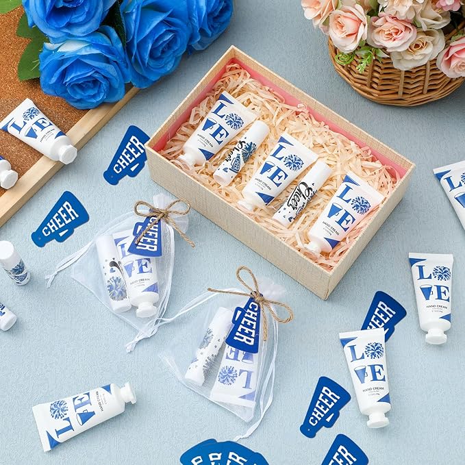 144 Pcs Blue Cheer Favors Natural Bulk Lip Balm and Hand Cream Set, Include 36 Lip Balm 36 Moisturizing Hand Cream 36 Bags 36 Card and Rope cheer accessories for Team Sports Party Supplies-GlimoraGlow