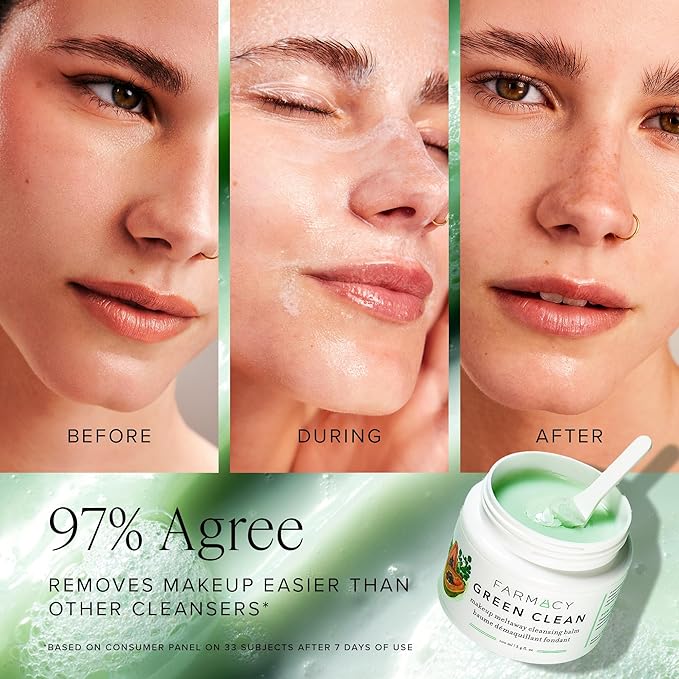 Farmacy Makeup Remover Cleansing Balm - Green Clean Waterproof Makeup Remover + Oil Based Cleanser - Gentle Exfoliating Double Cleanser - Melts From Balm to Milky Lather (100ml)-GlimoraGlow