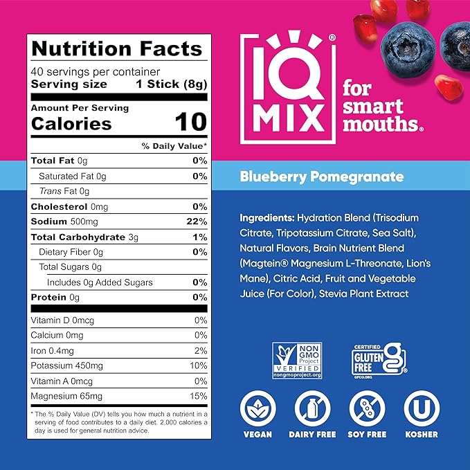 IQMIX Hydration Electrolyte Powder – 4-in-1 Formula for Hydration, Mental Clarity, Mood and Recovery – Sugar-Free Drink Mix, Keto, Magnesium L-Threonate, Lion’s Mane – 40 Count Blueberry Pomegranate-GlimoraGlow