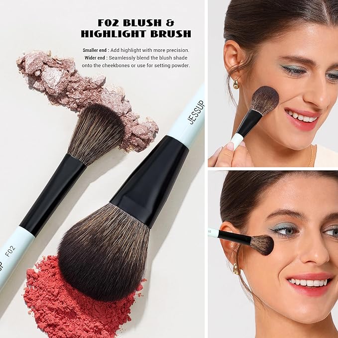 Jessup Face Makeup Brushes Blue 3pcs Double Ended Makeup Brush for Foundation Contour Blush Highlight and Concealer Brush, Premium Synthetic Brush Set T503-GlimoraGlow