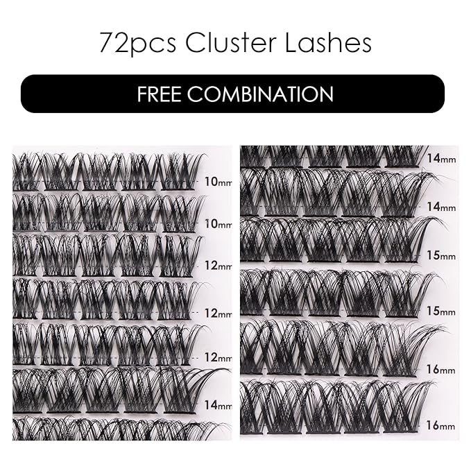 Cluster Lashes 72 Individual Lashes Clusters Eyelash Extensions False Eyelashes DIY Lash Extension Kit Reusable False Eyelashes Natural Look Mix 10-16mm C D Curl-DM01-GlimoraGlow