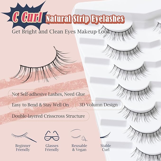 Lashes Short Eyelashes 10MM Natural Lashes Wispy Thin Band Strip Lashes Short Eyelashes Natural Look 3D Volume Lashes 7 Pair Fake Lashes Siligli-GlimoraGlow