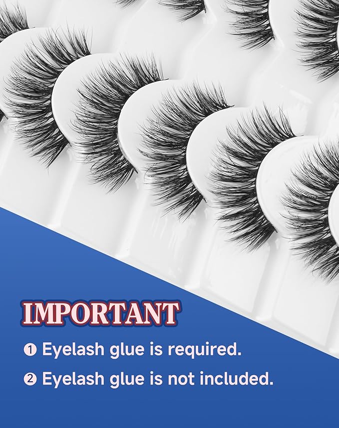 Lashes Volume False Eyelashes Wispy Natural Look Everyday Flared Strip EyeLash Fluffy Lash Long Soft Round-Eye Pack 16MM 7 Pairs D89-GlimoraGlow