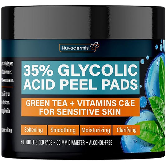 NUVADERMIS 35% Glycolic Acid Peel Pads – Exfoliating Facial Resurfacing for Blackheads, Dark Spots, and Acne – Safe for Sensitive Skin – 60 Double-Sided Pads-GlimoraGlow