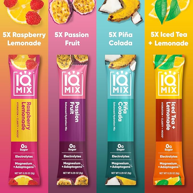 IQMIX Hydration Electrolyte Powder – 4-in-1 Formula for Hydration, Mental Clarity, Mood and Recovery – Sugar-Free Drink Mix, Keto, Magnesium L-Threonate, Lion’s Mane – 20 Count Vacation Variety Pack-GlimoraGlow