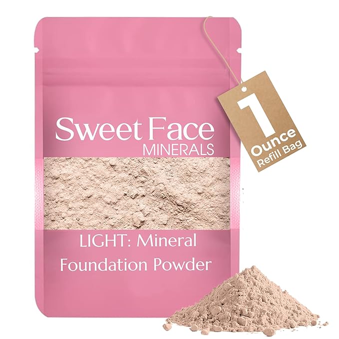 1 Ounce Light Foundation Powder Refill By Sweet Face Minerals, Lightweight Mineral Loose Makeup Powder with SPF 20, Full Coverage Flawless Finish, Talc-free, Cruelty-Free, Refillable Pouch-GlimoraGlow