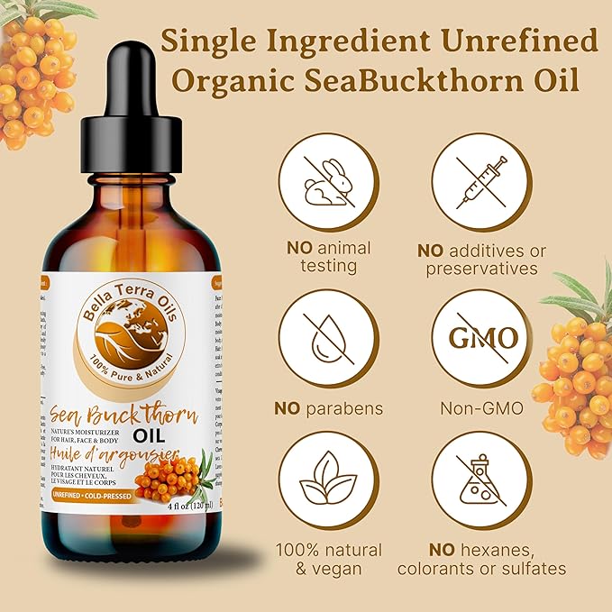 Bella Terra Oils - Seabuckthorn Berry Oil 4oz - Experience Nature's Luxurious Touch, Brimming with Vitamin E & Carotenoids, Transcend Ordinary Skincare-GlimoraGlow