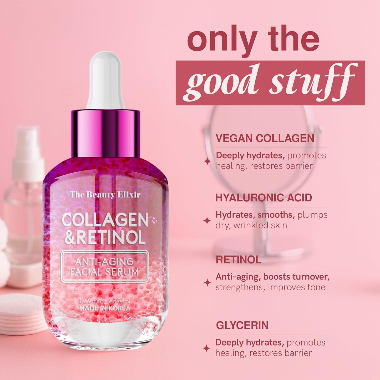 Collagen & Retinol Serum For Face - Ultra Hydrating, Restores, Smooths & Reduces Wrinkles - Dermatologist Tested, Natural Ingredients, Clean Beauty - Korean Skin Care - 1.69 Fl. Oz-GlimoraGlow