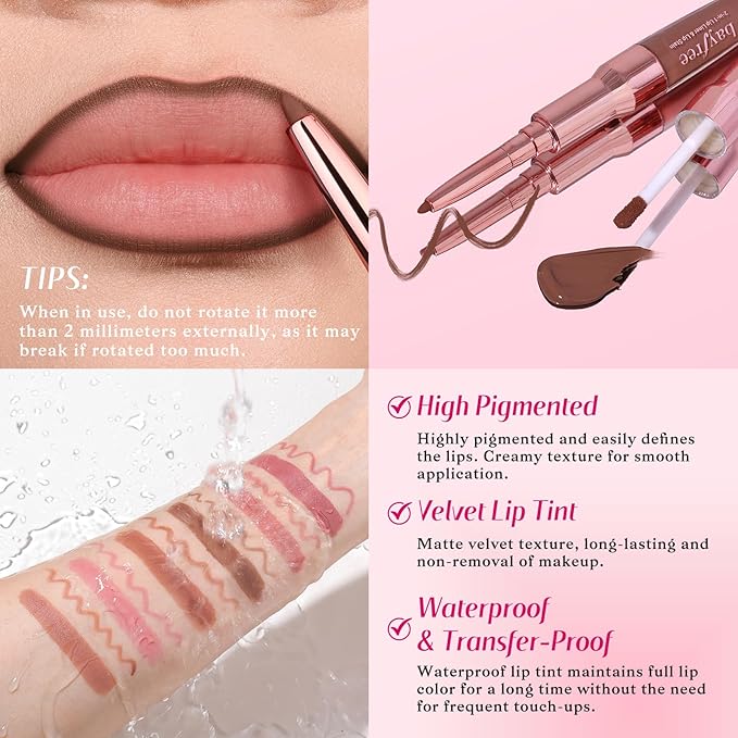 2-IN-1 Lip Liner and Lip Stain, High Pigmented Long Lasting Velvet Lip Tint, Well-Defined Lipliner, Weightless Waterproof Not Animal Tested, Matte Finish Makeup-GlimoraGlow
