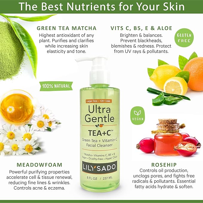 LILY SADO TEA+C™ Green Tea & Vitamin C Face Cleanser – Natural Vegan Antioxidant Daily Face Wash with Aloe, Rosehip, Meadowfoam - Gentle Deep Cleansing for Acne, Blackheads, Blemishes. 8 oz-GlimoraGlow