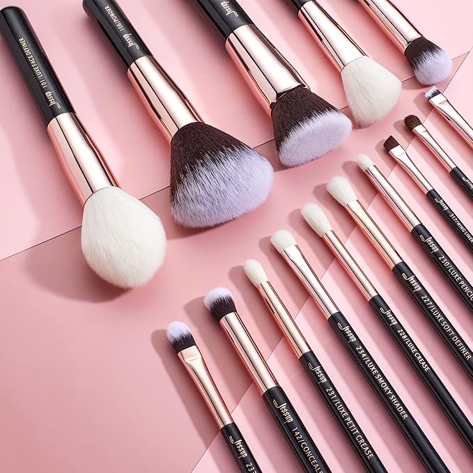 Jessup Makeup Brushes, Labeled Makeup Brush Set Premium Synthetic and Natural Hair Foundation Powder Concealer Eyeshadow Blending 15pcs Brush Kit, Rose Gold/Black T160-GlimoraGlow