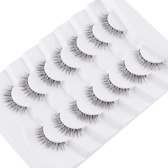 Natural Lashes False Eyelashes 12 MM Short Lashes WIspy 3D Volume Fake Eyelashes Pack C Curl Soft Eye Lash with Thin Cotton Band 7 Pair False Lashes Siligli-GlimoraGlow