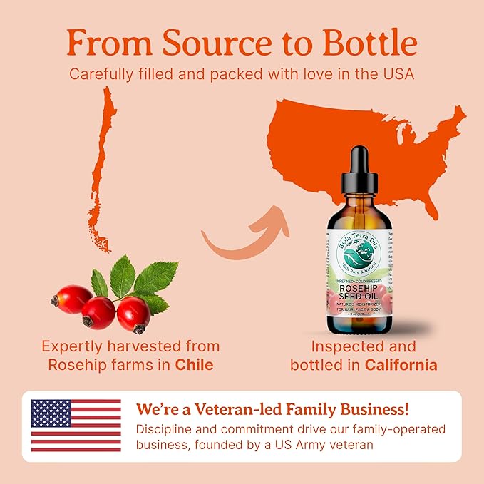 Bella Terra Oils - Organic Rosehip Oil 4 oz - Hailing from The Finest Rosa Mosqueta, Abundant in Omega-6 & Omega-3 Fatty Acids, Pure Radiance for Face-GlimoraGlow