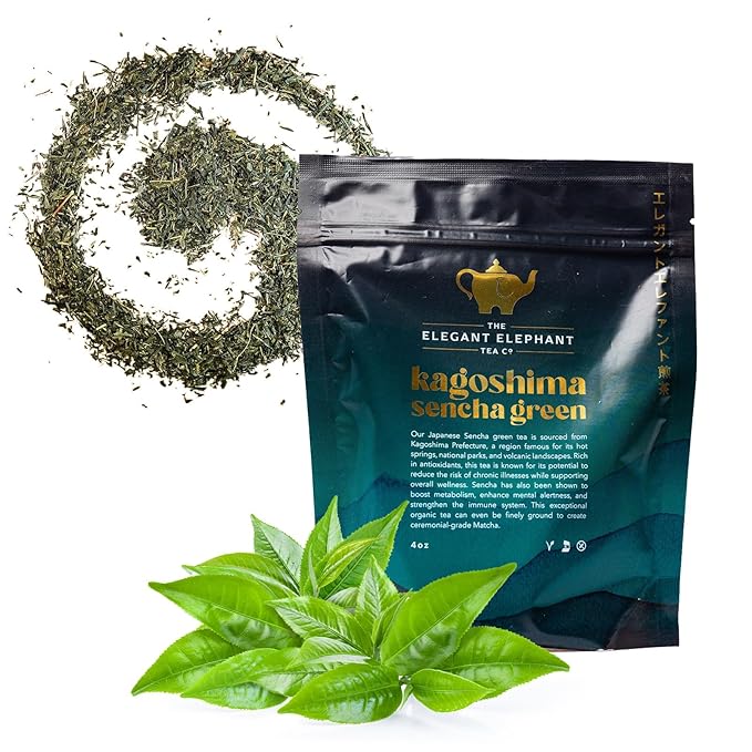 Japanese Sencha Green Tea, Organic Loose Leaf Sencha Tea – Antioxidant & Detox Support – Refreshing Hot or Iced Green Tea – 4 oz Resealable Bag (Makes 50 Cups) – The Elegant Elephant-GlimoraGlow