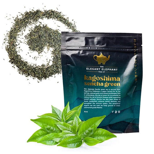 Japanese Sencha Green Tea, Organic Loose Leaf Sencha Tea – Antioxidant & Detox Support – Refreshing Hot or Iced Green Tea – 4 oz Resealable Bag (Makes 50 Cups) – The Elegant Elephant-GlimoraGlow