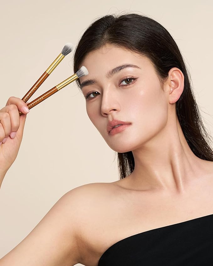 Desert Oak Series Dual Wool Blush Brush - Flat Top Goat Hair for Diffused Powder & Cream Blush, Seamless Blending, Bubinga Handle (CM 188)-GlimoraGlow