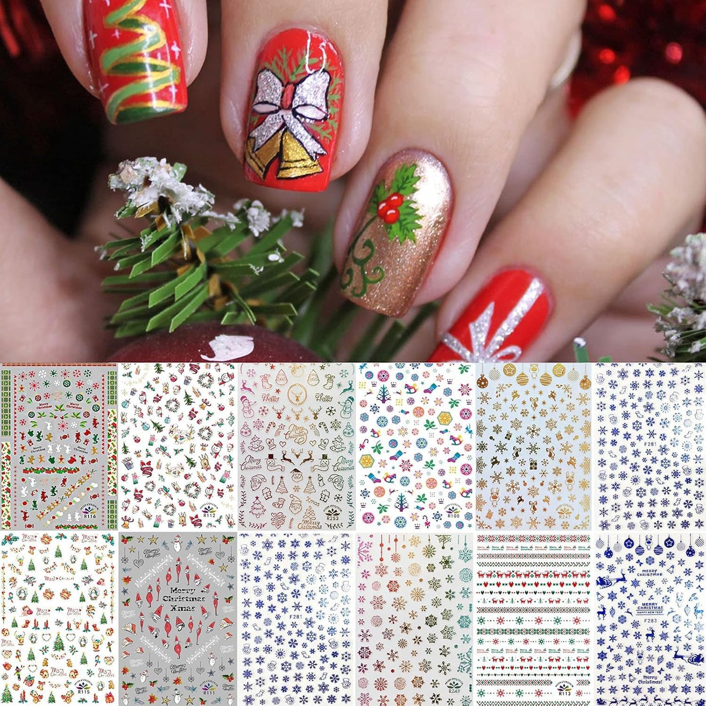 1500+ Patterns Christmas Nail Art Stickers Decals, Kalolary Self-adhesive Nail Stickers Santa Claus Snowflake Snowman Christmas Bell Tree Stick Elk for Christams Nail Decorations (12 Sheet Large Size)-GlimoraGlow