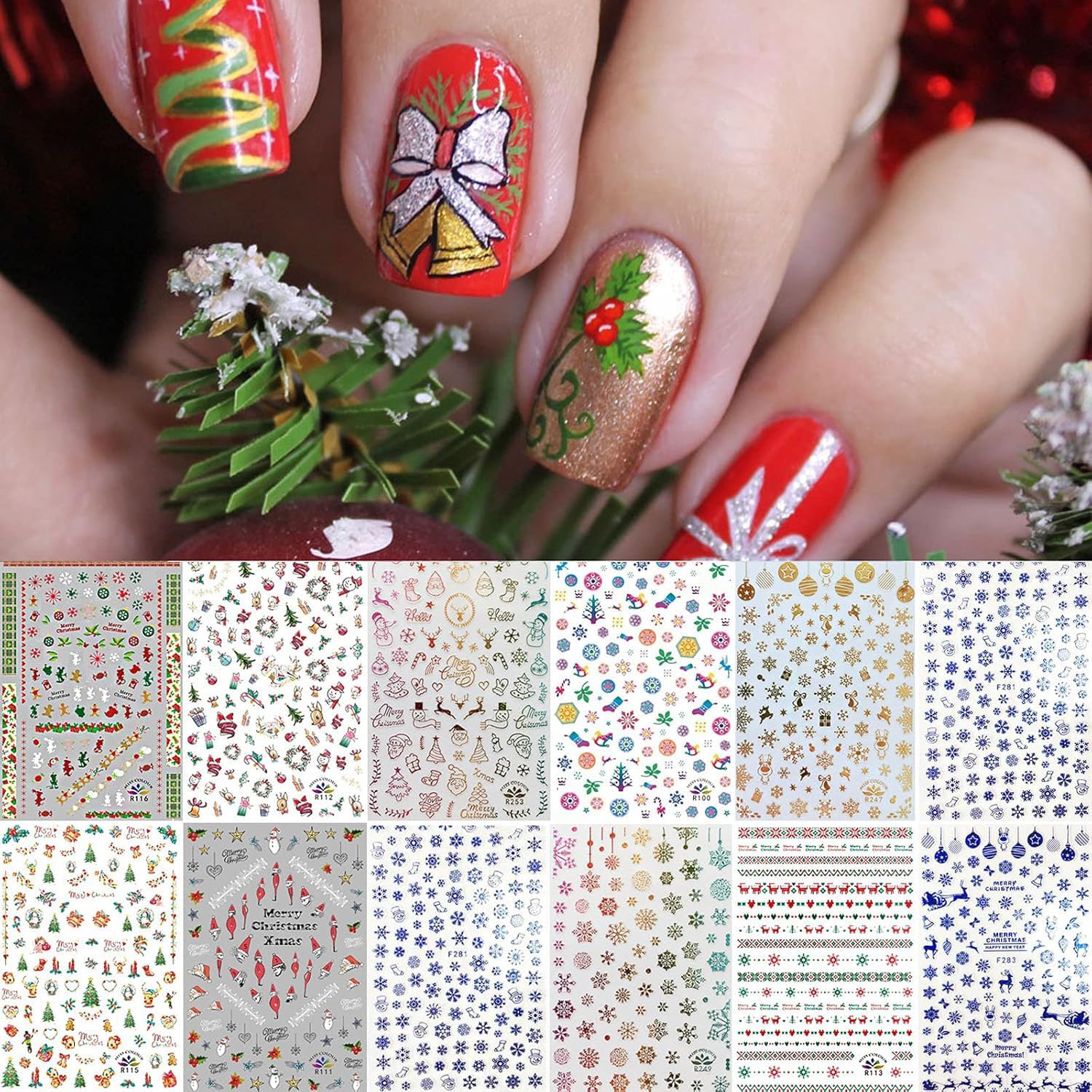 1500+ Patterns Christmas Nail Art Stickers Decals, Kalolary Self-adhesive Nail Stickers Santa Claus Snowflake Snowman Christmas Bell Tree Stick Elk for Christams Nail Decorations (12 Sheet Large Size)-GlimoraGlow