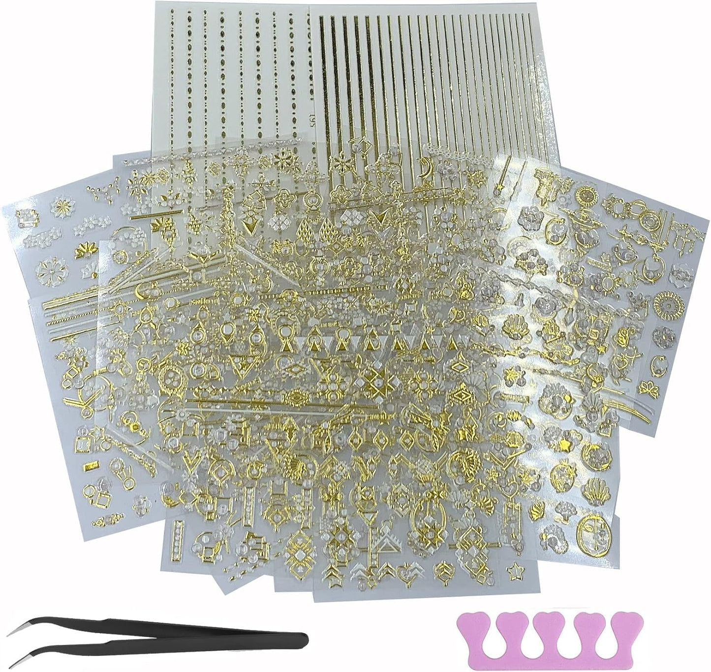 22 Sheets 3D Nail Adhesive Stickers for Women Gold Metallic Chain Line Nail Stickers Diamond Design Luxury Nail Art Decoration with with Tweezers Nail File Separators-GlimoraGlow