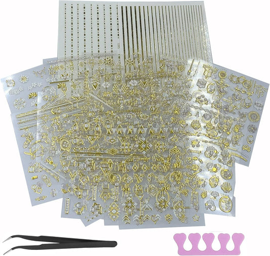22 Sheets 3D Nail Adhesive Stickers for Women Gold Metallic Chain Line Nail Stickers Diamond Design Luxury Nail Art Decoration with with Tweezers Nail File Separators-GlimoraGlow