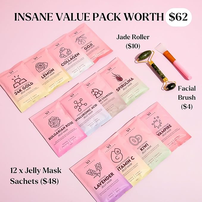 Jelly Mask for Facials - 12 Flavors Hydrating & Brightening Jelly Face Masks | Free Jade Roller & Spatula | Bulgarian Rose, Lavender, Hyaluronic Acid, 24K Gold face mask skin care |Vajacial Jelly Mask-GlimoraGlow