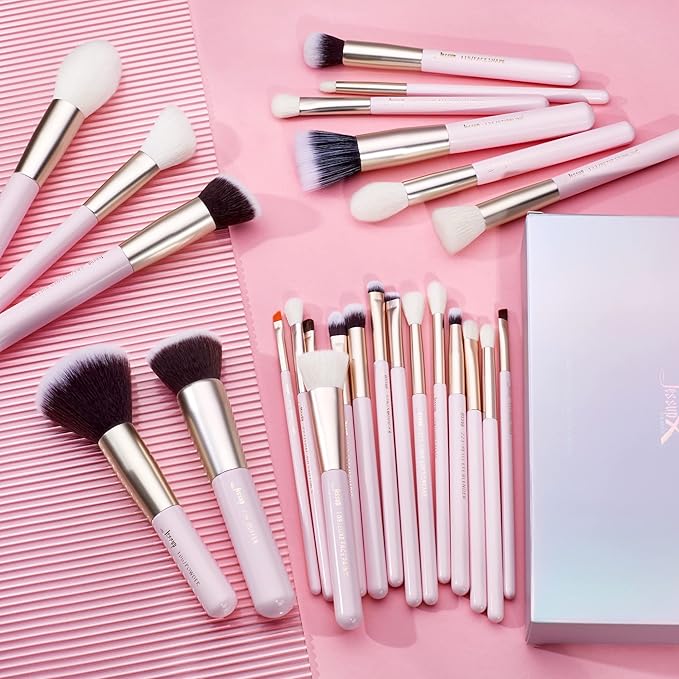 Jessup Makeup Brushes Set Professional, 25PCS Pink Premium Natural Powder Foundation Eyeshadow Blending Concealer Blusher Highlight Labeled Brushes, T290-GlimoraGlow