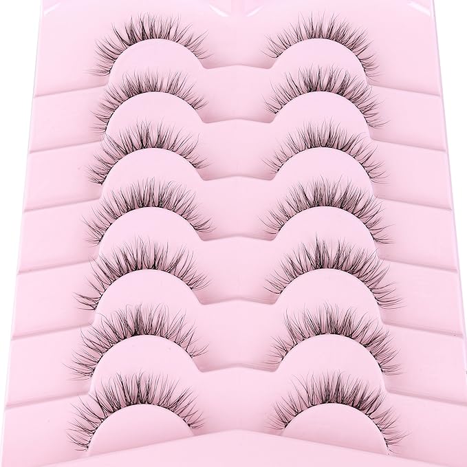 Eyelashes Natural False Lashes 14mm Eye Lashes with Thin Band 3D Volume Fake Eyelashes C Curl Wispy Lashes Natural Look 7 Pair-GlimoraGlow