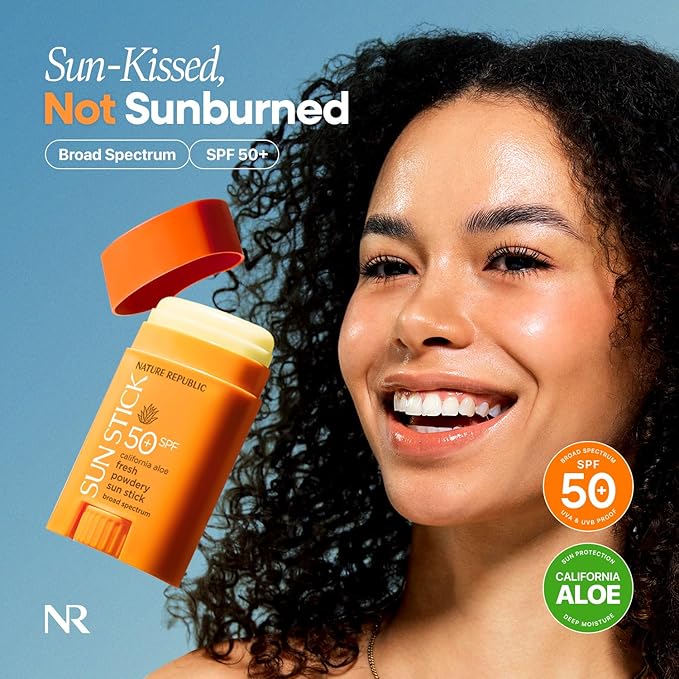 Nature Republic California Aloe Fresh Powdery Sun Stick Broad Spectrum SPF50+ | Korean Sunscreen Travel Size Suncare Sunblock, No Whitecast, non-sticky, Water resistant-GlimoraGlow